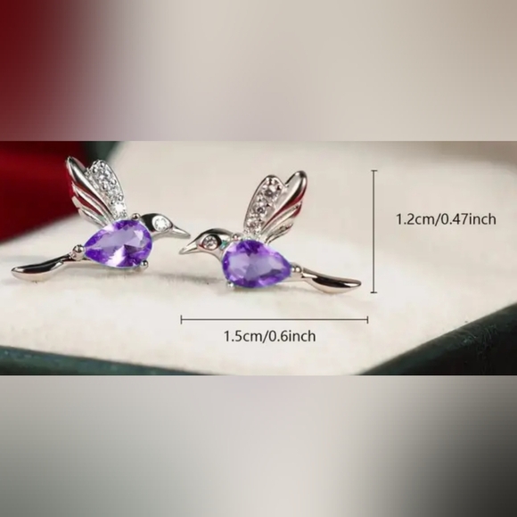 2/30$ Or 3/$35 NEW Boho Silver and Purple Hummingbird Post Earrings-(#0288) - Picture 3 of 4